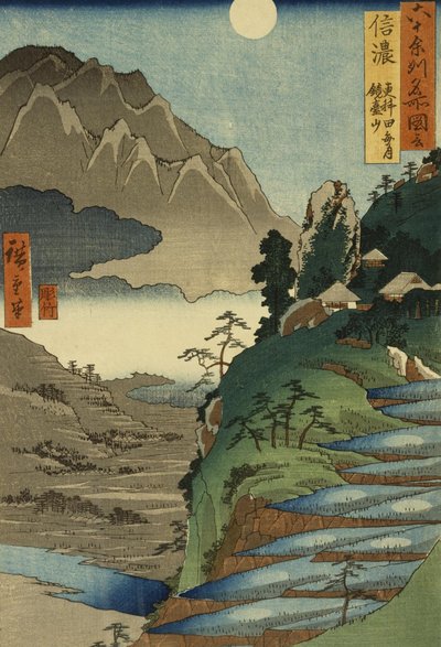 Mont Kyodai et la lune reflétée dans les rizières à Sarashina dans la province de Shinano, No. 25 - Utagawa Hiroshige